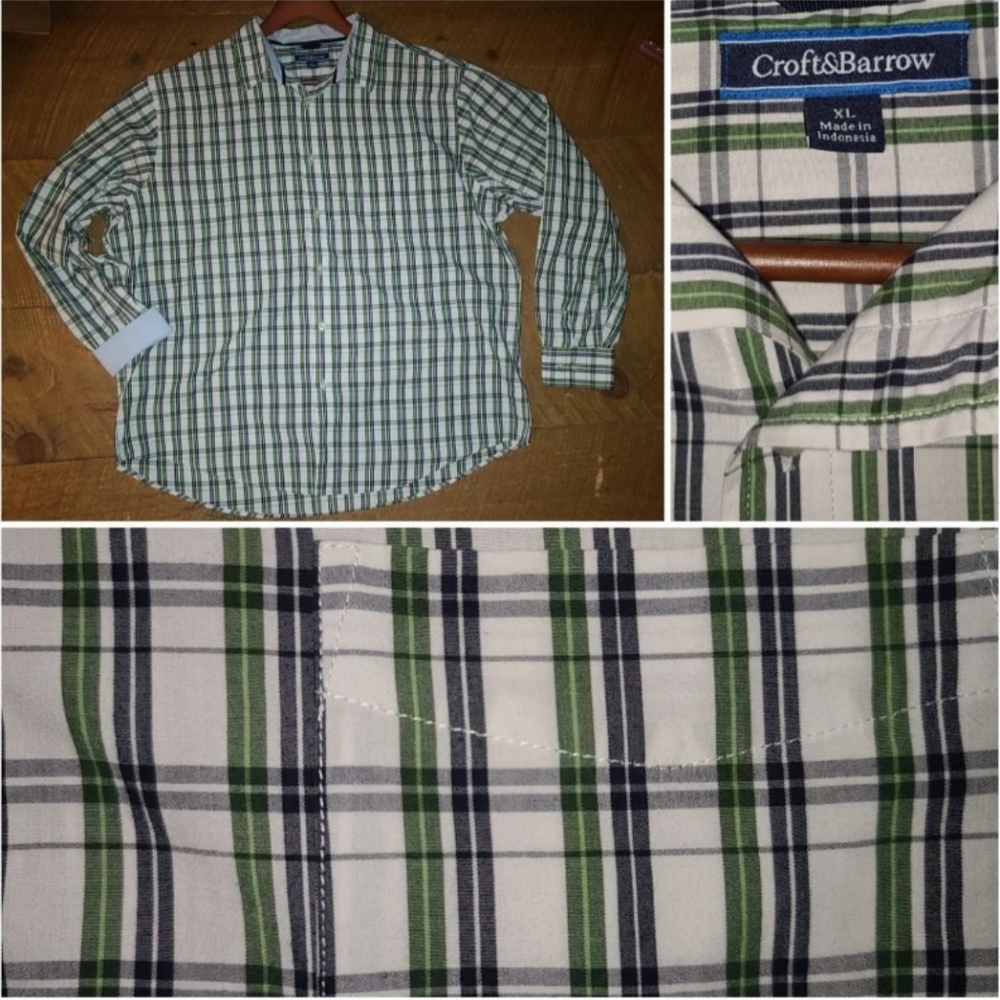 NWOT Croft & Barrow Men's long sleeve button down shirt. White Green Blue XL
